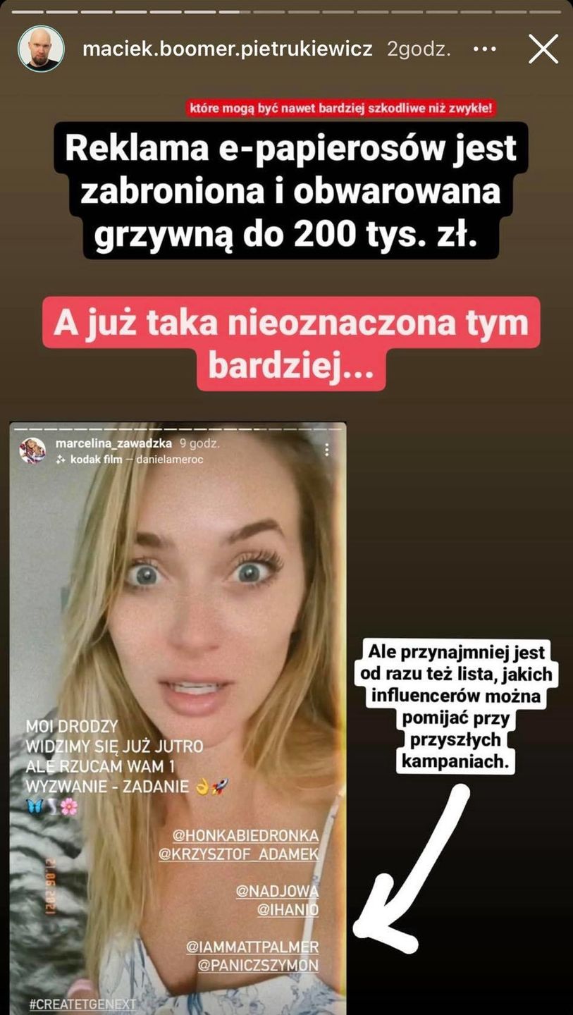 Marcelina Zawadzka reklamuje papierosy na Instagramie