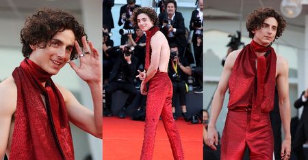 Timothee Chalamet odsłania plecy w ekstrawaganckim, czerwonym kombinezonie na festiwalu Filmowym w Wenecji (ZDJĘCIA)