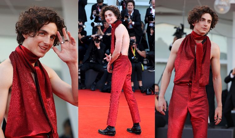 Timothee Chalamet odsłania plecy w ekstrawaganckim, czerwonym kombinezonie na festiwalu Filmowym w Wenecji 