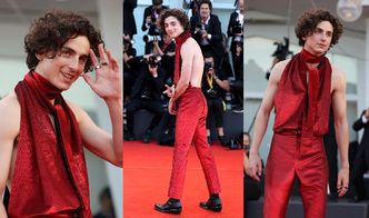 Timothee Chalamet odsłania plecy w ekstrawaganckim, czerwonym kombinezonie na festiwalu Filmowym w Wenecji (ZDJĘCIA)