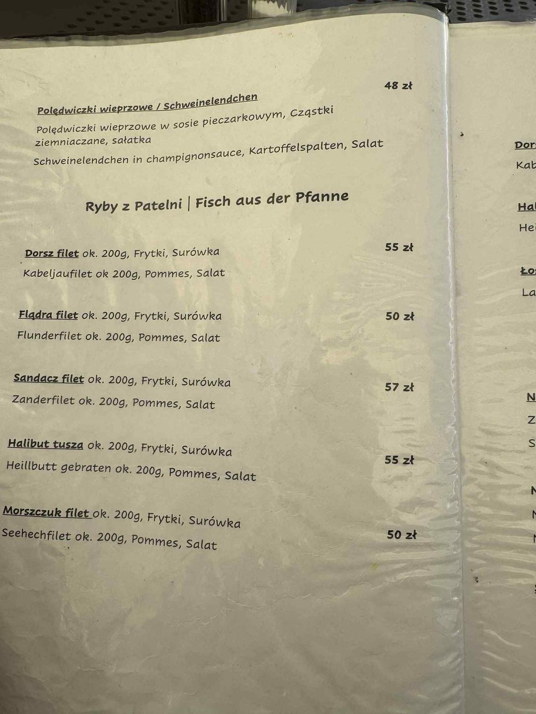 Menu restauracji przy plaży