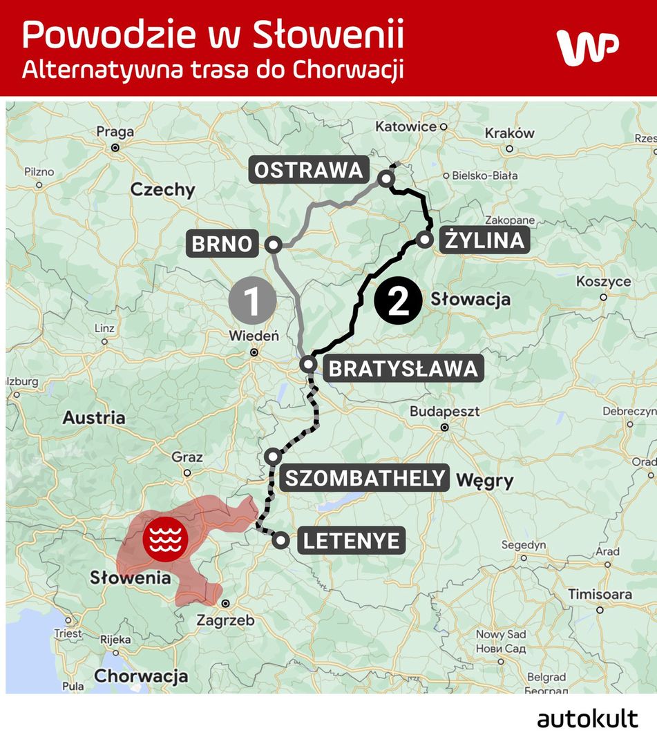 Mapa poglądowa zagrożonych terenów oraz proponowanych tras objazdowych