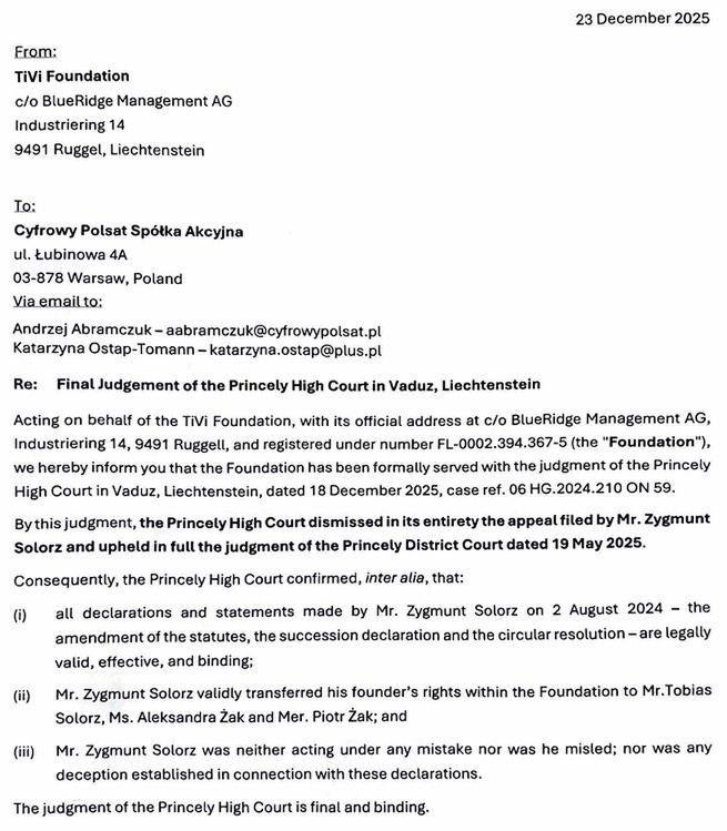 Pismo do Cyfrowego Polsatu informujące o wyroku