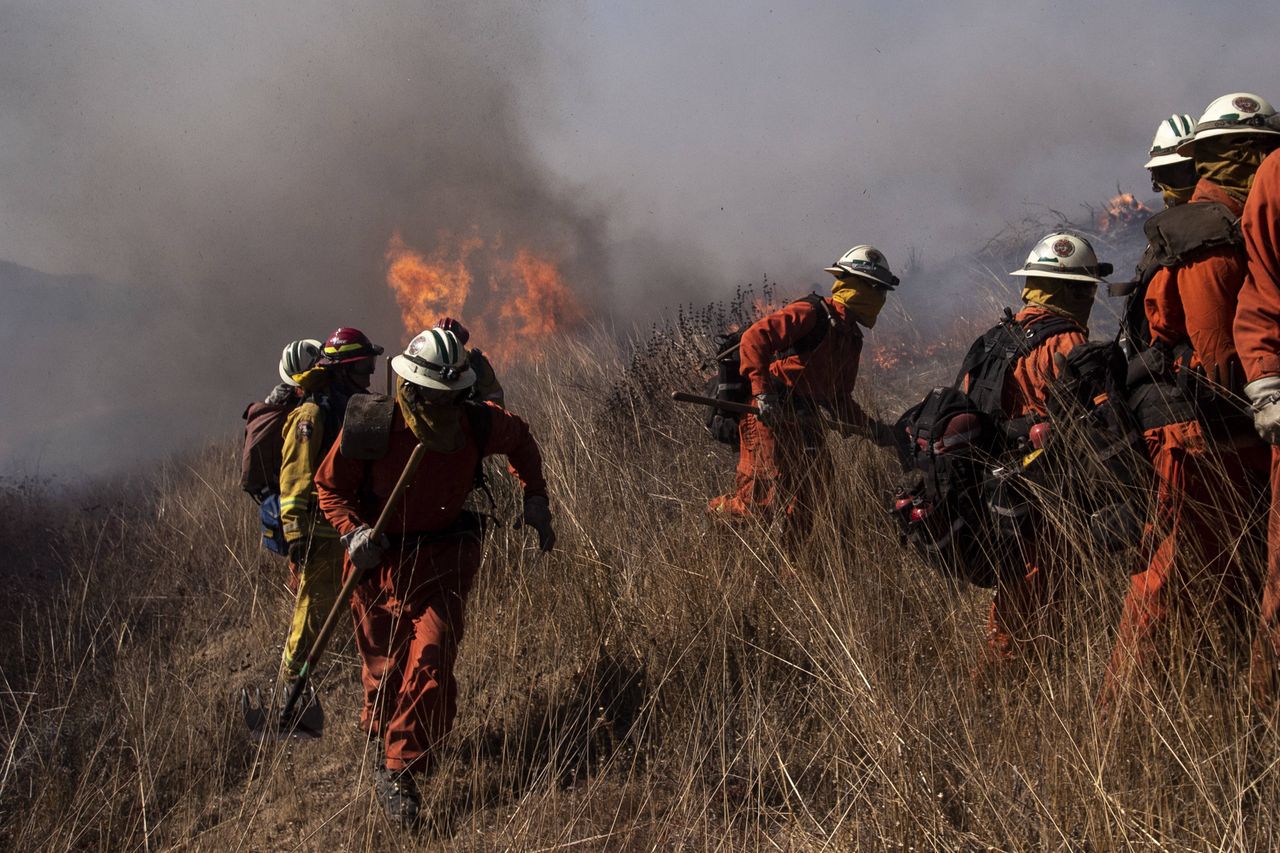 Firefighters are battling a blaze in the Los Angeles district.