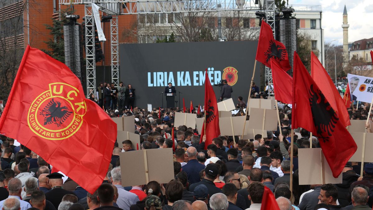 PRISTINA, KOSOVO - APRIL 02: People gather for a demonstration of support in Pristina, Kosovo organized by the âFreedom has a nameâ initiative for the former President of Kosovo, Hashim Thaci, who was imprisoned in The Hague, Netherlands, on April 02, 2023. (Photo by Erkin Keci/Anadolu Agency via Getty Images)