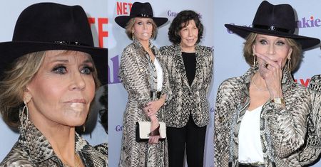 Jane Fonda w skórze węża i z plastrem na wardze