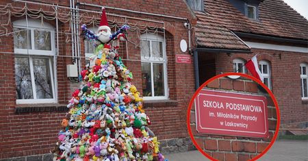 Choinka z pluszaków przed szkołą w Laskownicy. Dziecięca magia świąt