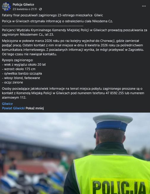Policja Gliwicka poinformowała o śmierci Narcyza