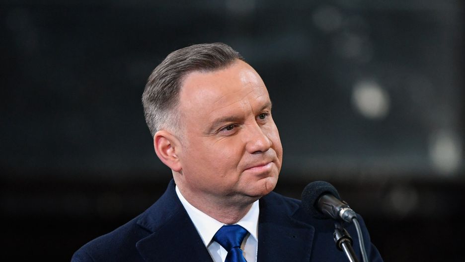 KRAKOW, POLAND - 2021/03/29: Polish President Andrzej Duda gives a speech at Penderecki's funeral. The funeral of the composer Krzysztof Penderecki was officially organized after two years since he died due to the Covid-19 restrictions. He was buried in the National Pantheon in Krakow. (Photo by Alex Bona/SOPA Images/LightRocket via Getty Images)