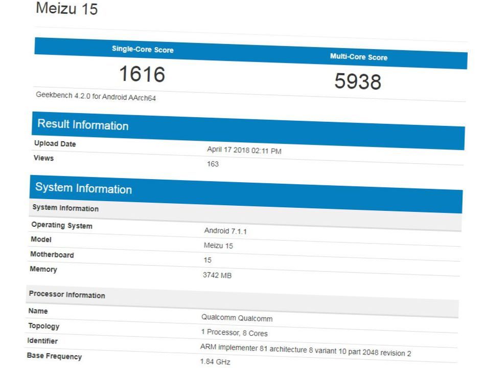 Meizu 15 w bazie Geekbench