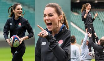 "Zwyczajna" Kate Middleton w dresie biega po murawie z rugbystami (ZDJĘCIA)