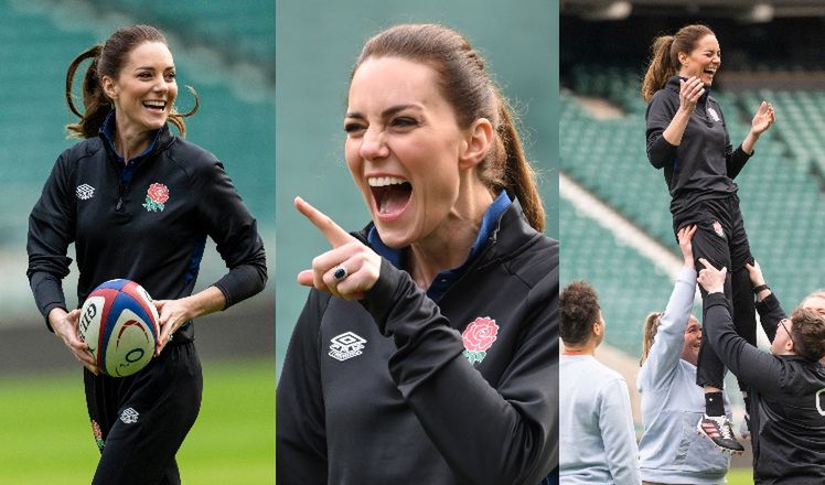 "Zwyczajna" Kate Middleton w dresie biega po murawie z rugbystami (ZDJĘCIA)