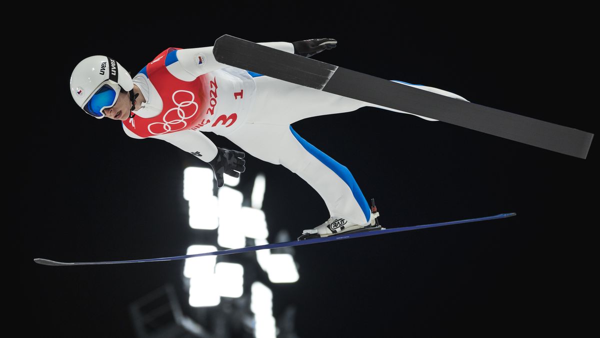 ZHANGJIAKOU, CHINA - FEBRUARY 14: Viktor Polasek of Czech Republic in action competes during the men´s team ski jumping from the large hill during the Beijing 2022 Winter Olympics at National Ski Jumping Centre on February 14, 2022 in Zhangjiakou, China. (Photo by Tom Weller/VOIGT/DeFodi Images via Getty Images)