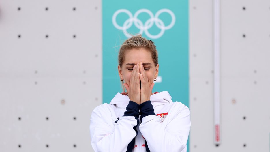 PARIS, FRANCE - AUGUST 07: Gold medalist Aleksandra Miroslaw of Team Poland poses on the podium during the Medal Ceremony after the Women’s Speed, Final on day twelve of the Olympic Games Paris 2024 at Le Bourget Sport Climbing Venue on August 07, 2024 in Paris, France. (Photo by Michael Reaves/Getty Images)