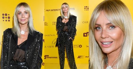 Agnieszka Woźniak-Starak BŁYSZCZY w cekinowym garniturze na premierze filmu "Teściowie"
