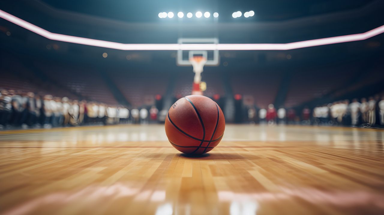 Basketball court with ball.