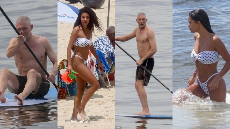 24-letnia Tina Kunakey wyleguje się na plaży, doglądając swojego 55-letniego męża Vincenat Cassela dumnie prężącego umięśnione ciało na desce surfingowej 