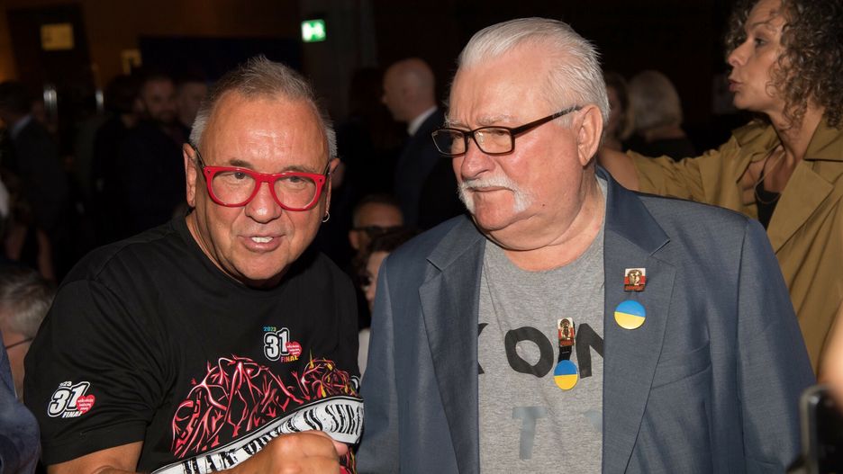 Były prezydent Lech Wałęsa z szefem WOŚP Jurkiem Owsiakiem