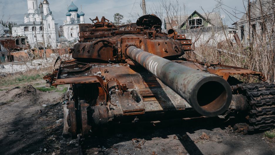 DONETSK OBLAST, UKRAINE - APRIL 06: A view of the destroyed Russian tank while daily life continues in the shadow of the Russia-Ukraine war in Svitohirsk, Donetsk Oblast, Ukraine on April 06, 2024. (Photo by Wojciech Grzedzinski/Anadolu via Getty Images)