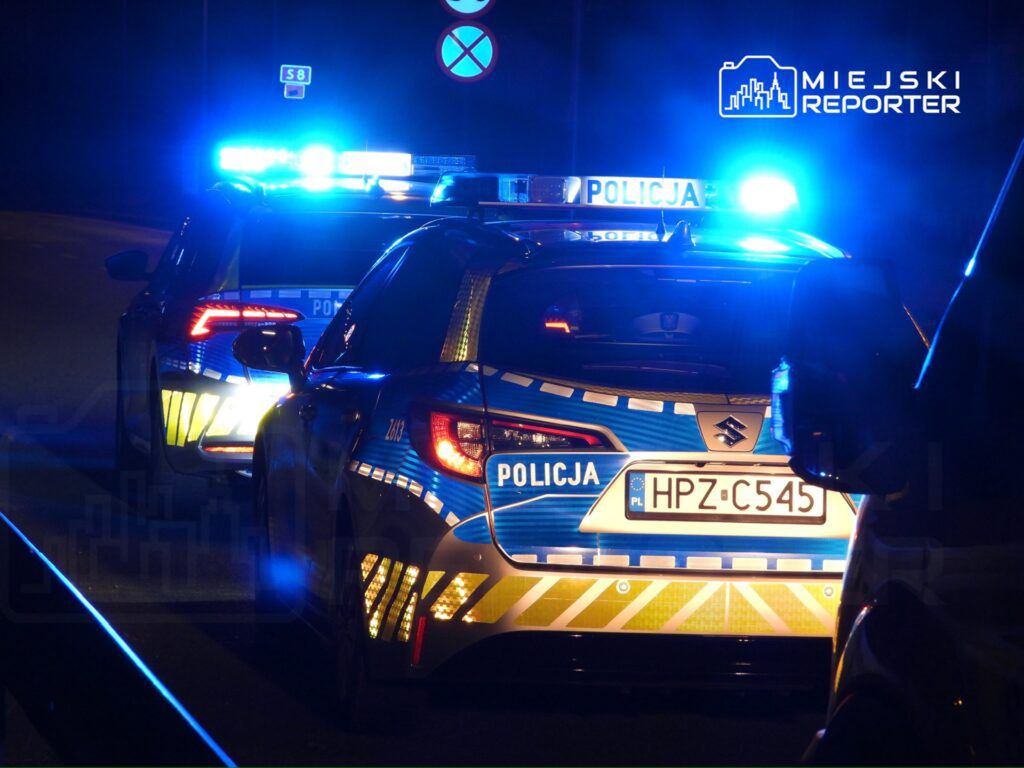 Dwa radiowozy policyjne z włączonymi sygnałami świetlnymi na ciemnej drodze.