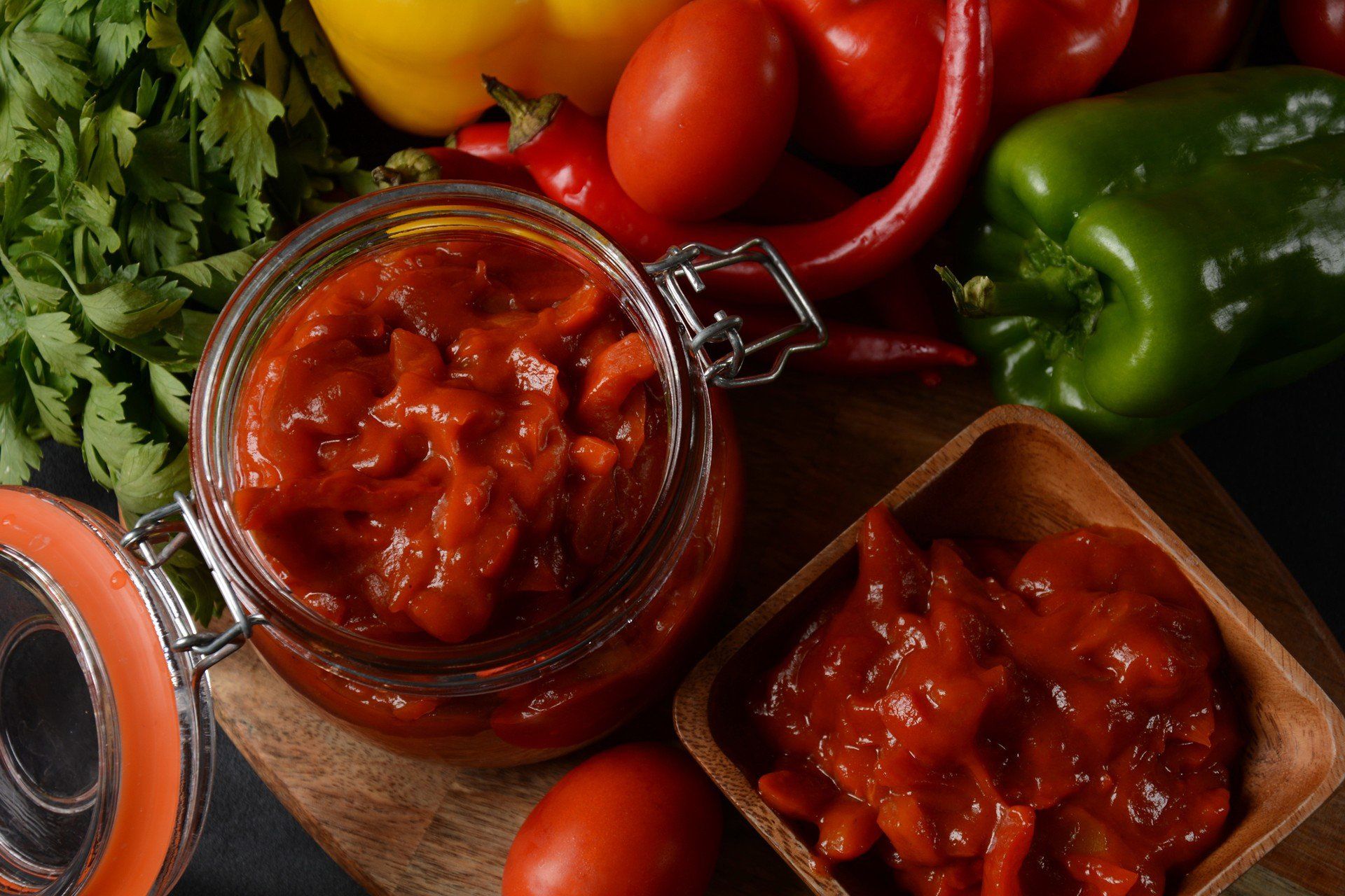 A jar of stewed salad with pepper and tomato(lecho). Traditional Hungarian dish