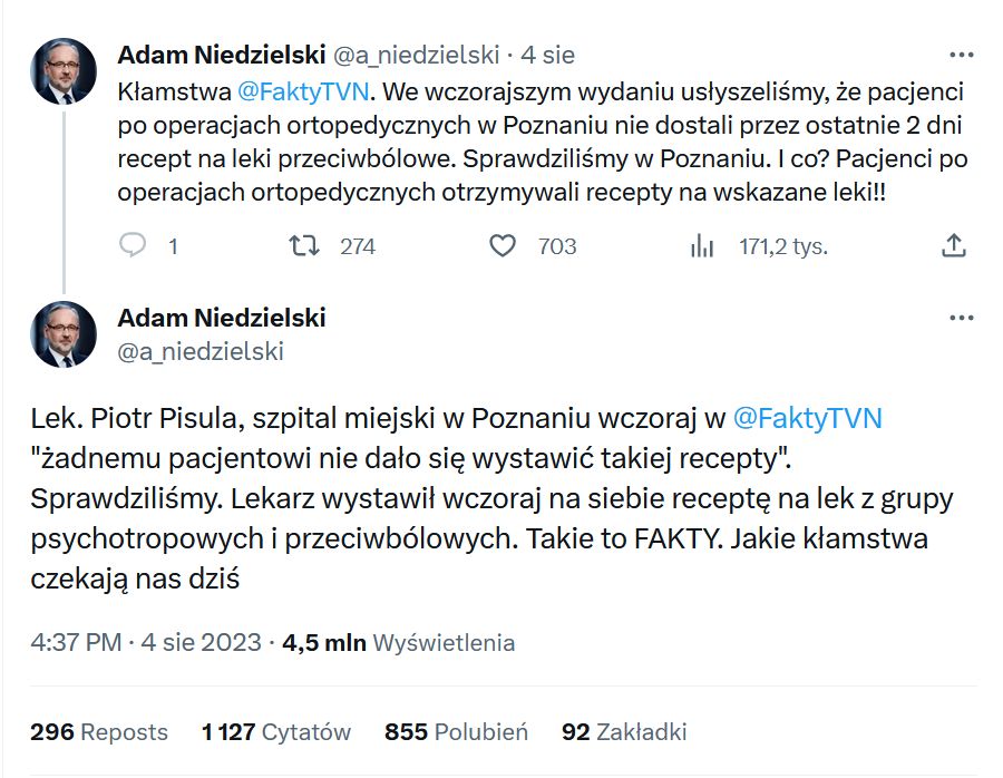 Wpis byłego ministra zdrowia Adama Niedzielskiego