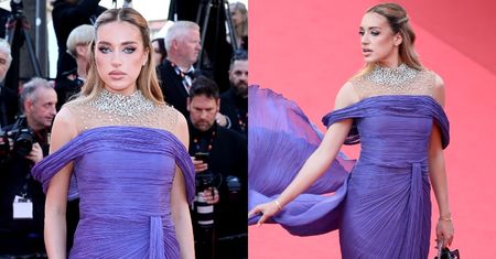 Wytworna Caroline Derpienski zarzuca fioletową suknią na Festiwalu Filmowym w Cannes