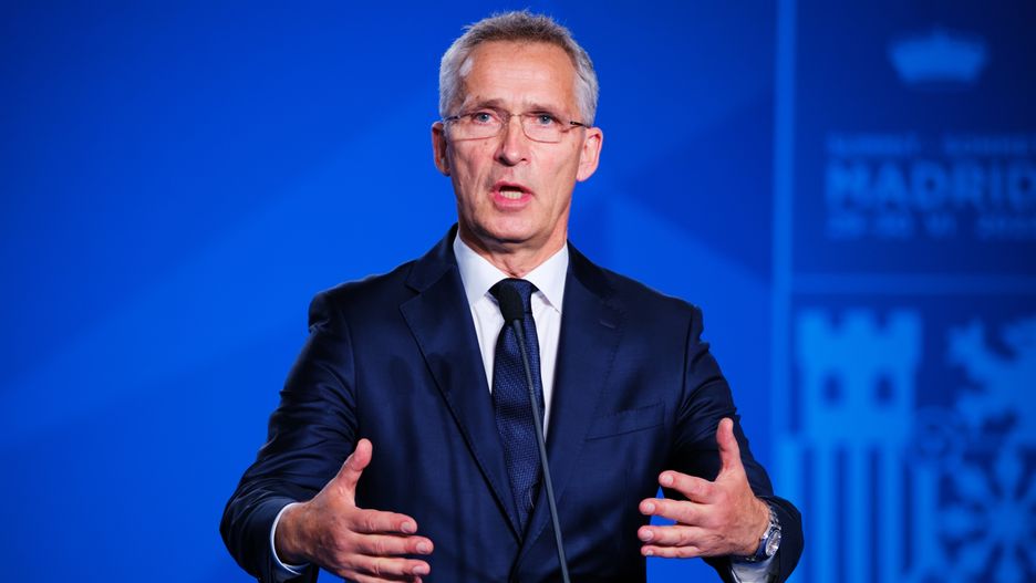 MADRID, SPAIN - JUNE 28: (----EDITORIAL USE ONLY MANDATORY CREDIT - "NATO POOL" - NO MARKETING NO ADVERTISING CAMPAIGNS - DISTRIBUTED AS A SERVICE TO CLIENTS----) NATO Secretary-General Jens Stoltenberg and Spanish Prime Minister Pedro Sanchez (not seen) hold a press conference before NATO Summit at IFEMA convention center in Madrid, Spain on June 28, 202 (Photo by NATO / POOL/Anadolu Agency via Getty Images)