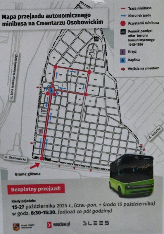 Tak przebiega trasa pojazdu na cmentarzu Osobowickim.
