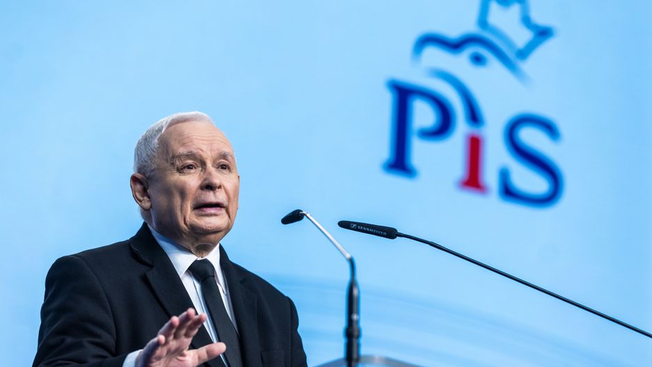 Law and Justice (PiS) leader Jaroslaw Kaczynski is speaking at a press conference in Warsaw, Poland, on April 25, 2024. (Photo by Andrzej Iwanczuk/NurPhoto via Getty Images)