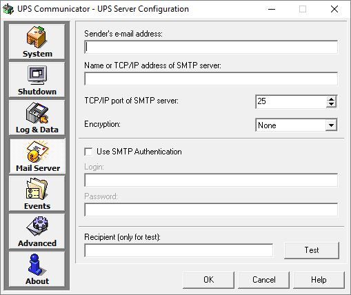 Legrand UPS Communicator - UPS Server Configurator zakładka Mail Server