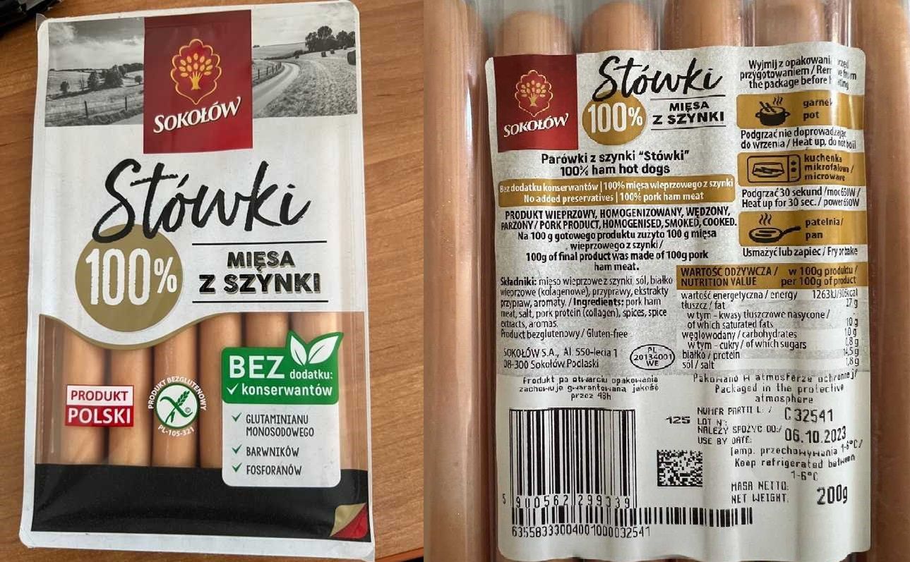 Opakowanie wycofanej partii parówek