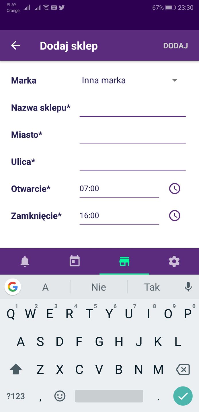 Formularz pozwalający na samodzielne dodanie informacji o otwartym sklepie.