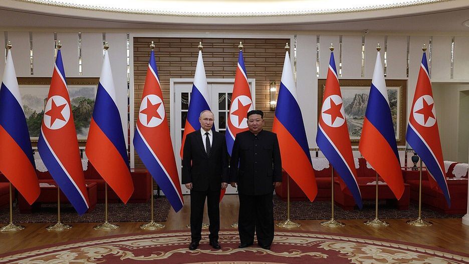 PYONGYANG, NORTH KOREA - JUNE 19: (----EDITORIAL USE ONLY - MANDATORY CREDIT - ' KREMLIN PRESS OFFICE / / HANDOUT' - NO MARKETING NO ADVERTISING CAMPAIGNS - DISTRIBUTED AS A SERVICE TO CLIENTS----) Russian President Vladimir Putin (L) shakes hands with Chairman of State Affairs of the Democratic People's Republic of Korea (DPRK) Kim Jong-un (R) as they pose for a photo within their bilateral meeting in Pyongyang, North Korea on June 19, 2024. (Photo by Kremlin Press Office / Handout/Anadolu via Getty Images)