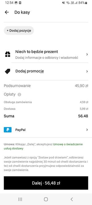 Uber Eats - widok zamówienia
