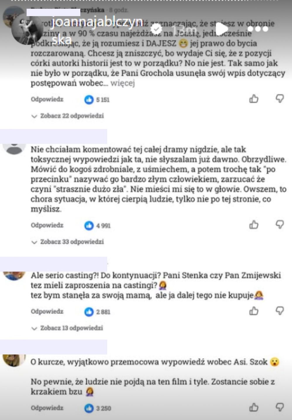 Część komentarzy pokazanych przez Joannę Jabłczyńską