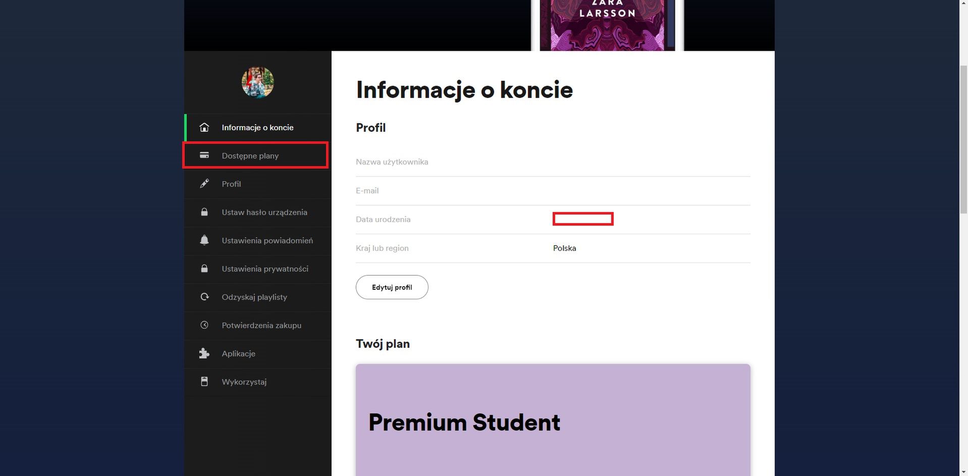 Spotify - informacje o koncie