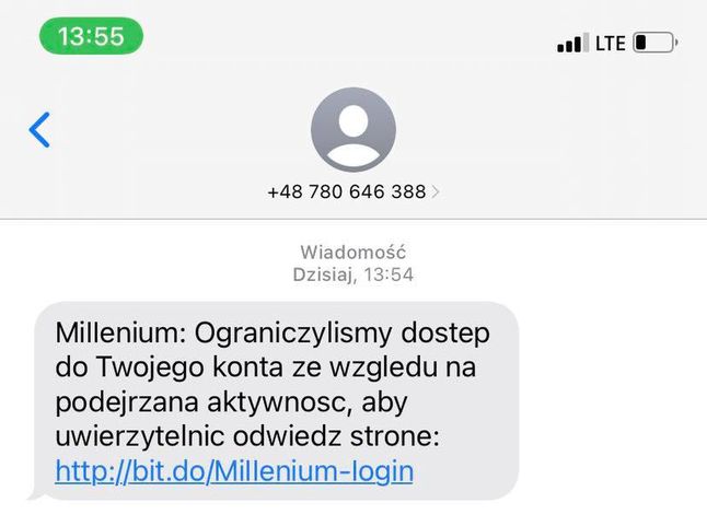 Fałszywy SMS z wykorzystaniem wizerunku Banku Millennium