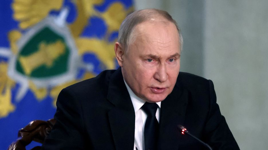 MOSCOW, RUSSIA - MARCH 26: (RUSSIA OUT) Russian President Vladimir Putin talks during an annual expanded Prosecutor General's Office meeting, on March 26, 2024 in Moscow, Russia. Over 100 people were killed by gunmen during a concert of a local rock band at the Crocus City Hall last week. (Photo by Getty Images)