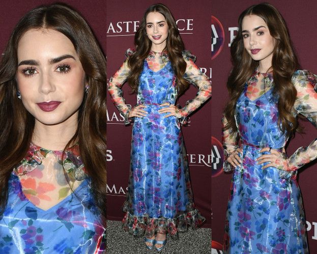 Długowłosa Lily Collins pozuje w prześwitującej sukience w kwiatki