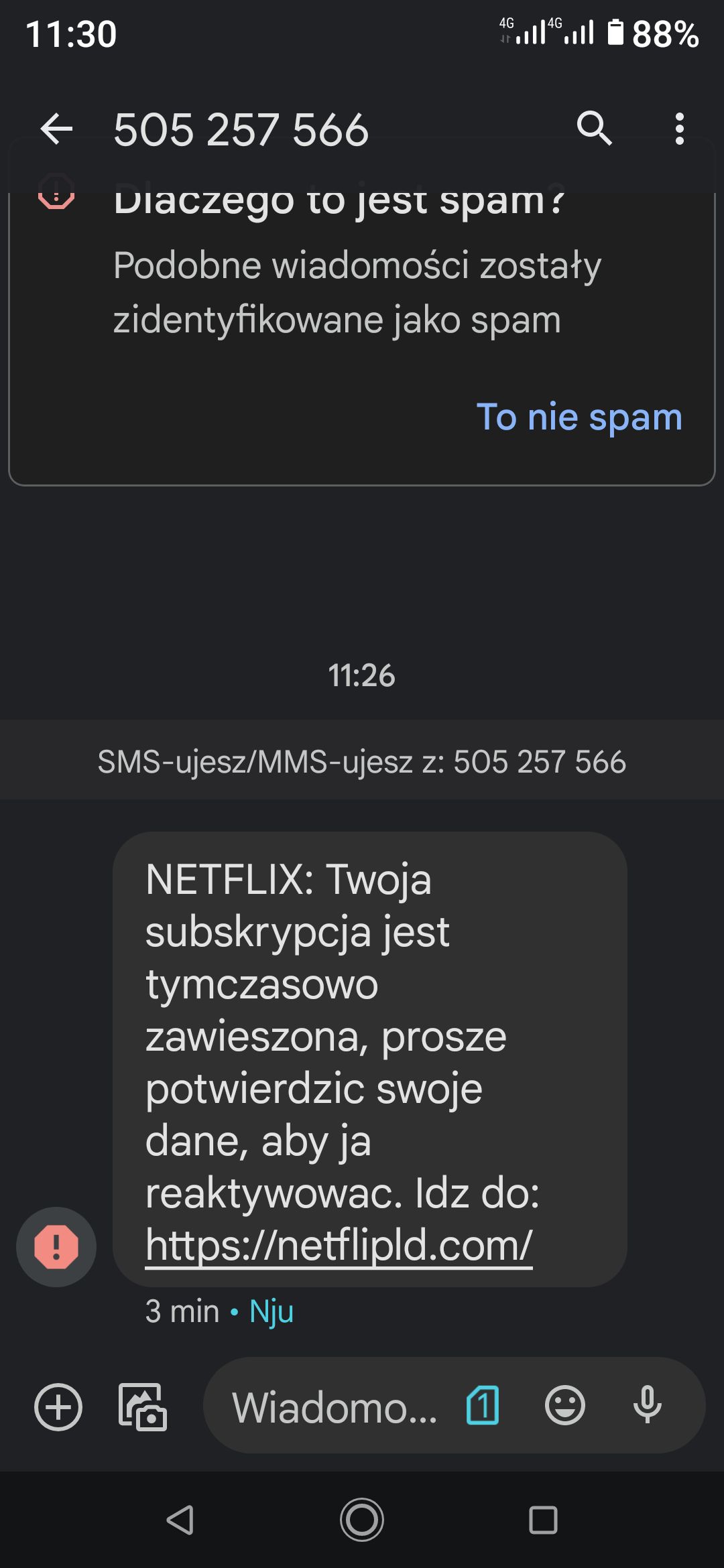 Przykładowy, fałszywy SMS o Netfliksie