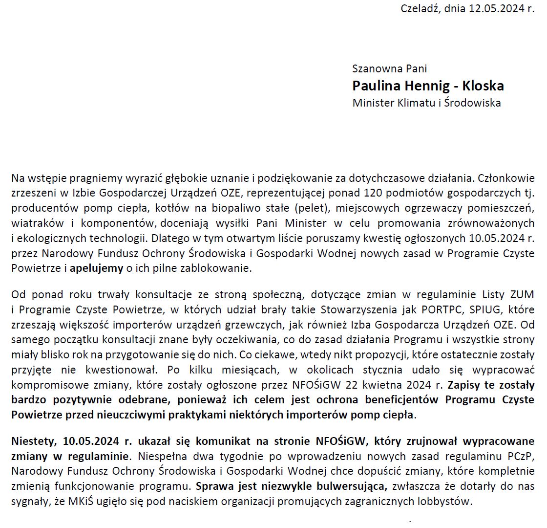 Fragment pisma IGU OZE do minister klimatu