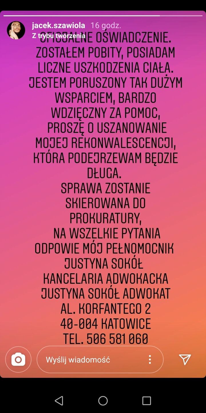Jacek Szawioła opublikował oświadczenie ws. pobicia