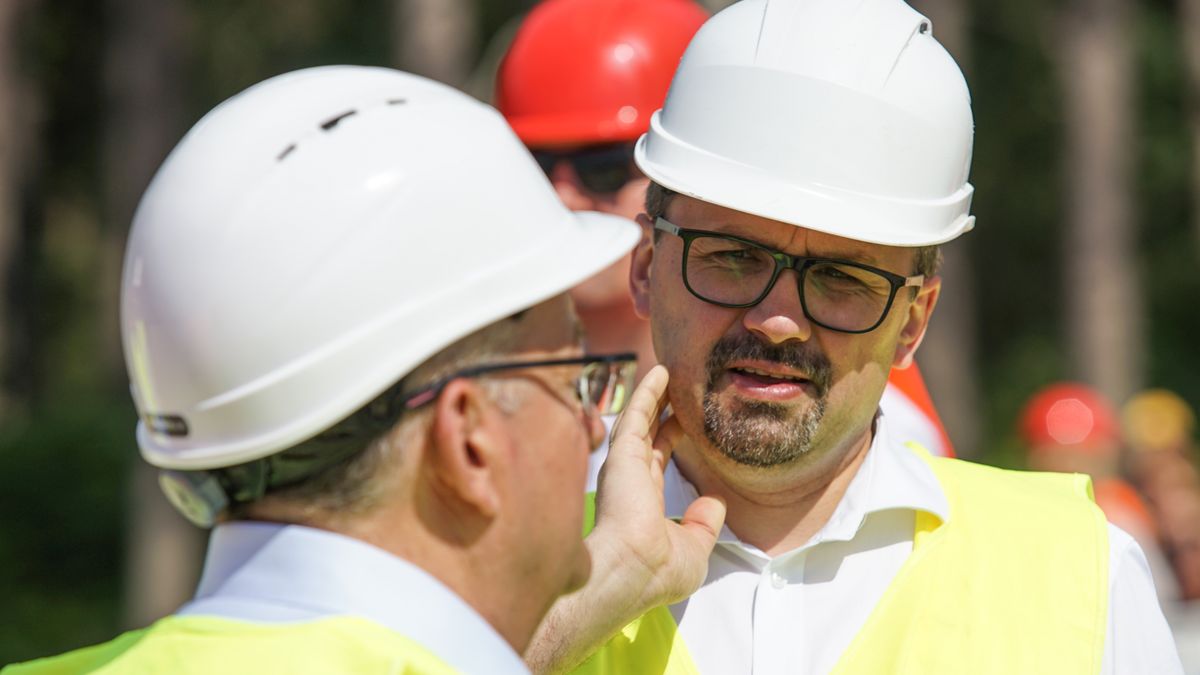 Marcin Horala visiting the construction site of a waterway connecting the Vistula Lagoon with the Gulf of Gdansk is seen in Nowy Swiat, Vistula Spit, Poland on 1 July 2021 Controversial The Vistula Spit canal is curently under construction canal across the Polish section of the Vistula Spit that will create a second connection between the Vistula Lagoon and Gdansk Bay (Baltic Sea) (Photo by Michal Fludra/NurPhoto via Getty Images)