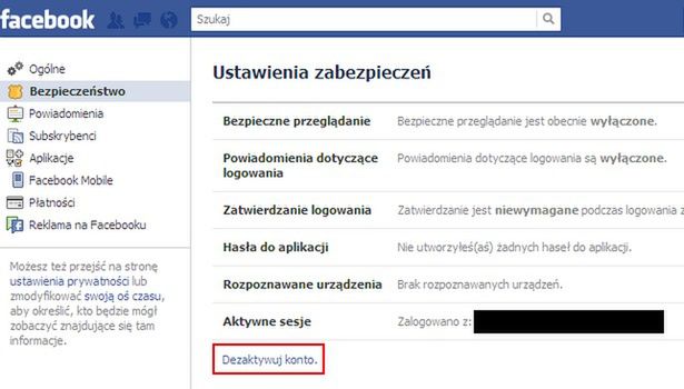 facebook - dezaktywacja konta
