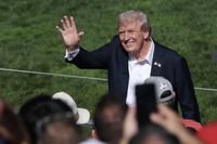 FARMINGDALE, NEW YORK - SEPTEMBER 26: U.S. President Donald Trump attends the 2025 Ryder Cup at Black Course at Bethpage State Park Golf Course on September 26, 2025 in Farmingdale, New York. In his second term, Trump has attended several major sporting events.  (Photo by Anna Moneymaker/Getty Images)