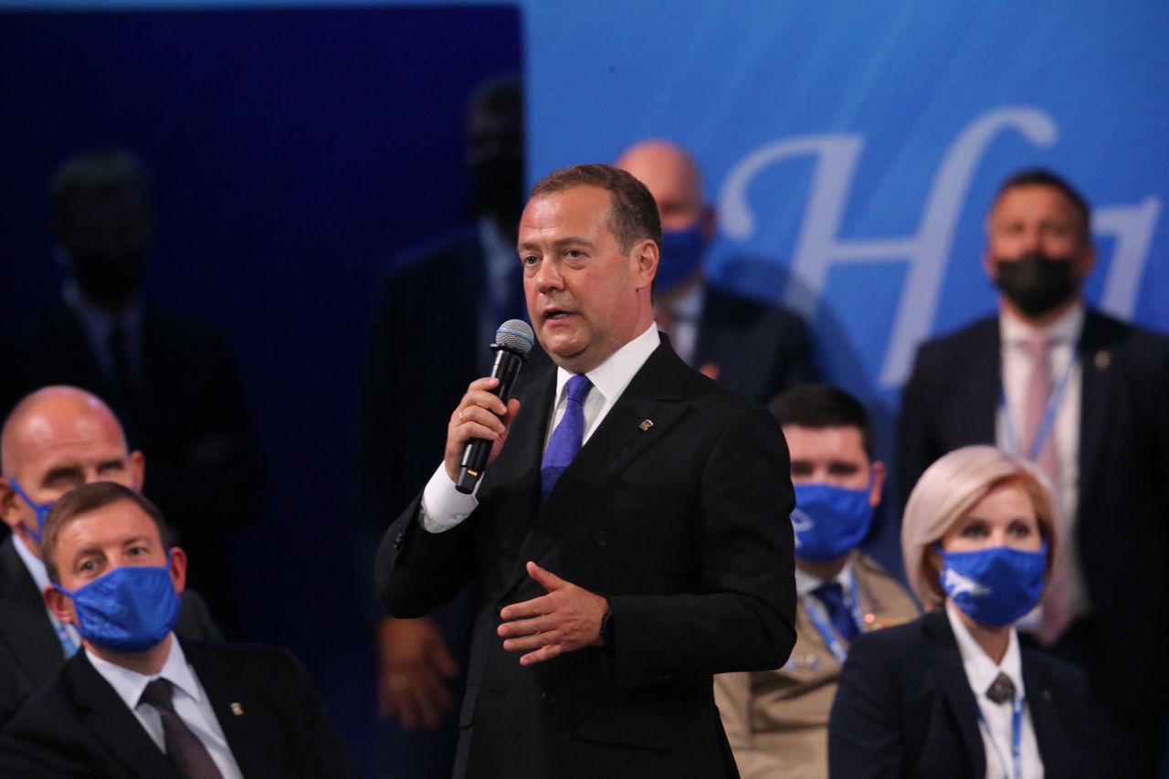 MOSCOW, RUSSIA - AUGUST 24 (RUSSIA OUT): Russian Security Council Deputy Chairman and United Russia Party Leader Dmitry Medvedev delivers a speech during the United Russia Party Congress, on August 24, 2021 in Moscow, Russia. Putin took part in the congress of the United Russia party prior to the Parliamentary Elections scheduled on September. (Photo by Mikhail Svetlov/Getty Images)