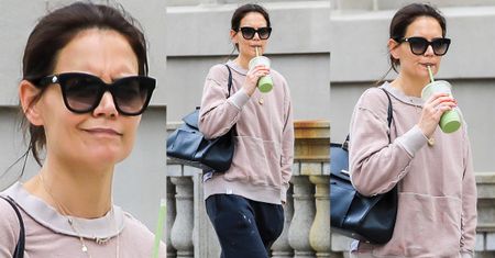 Zamyślona Katie Holmes spaceruje w poplamionym dresie