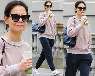 Zamyślona Katie Holmes spaceruje w poplamionym dresie