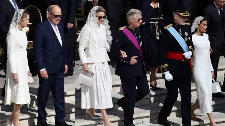 Księżna Charlene, królowa Letizia, królowa Mathilda podczas mszy